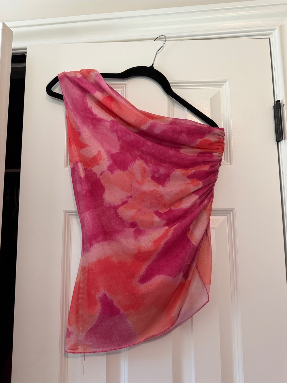 NWOT One-Shoulder Pink & Coral Watercolor Sheer Top